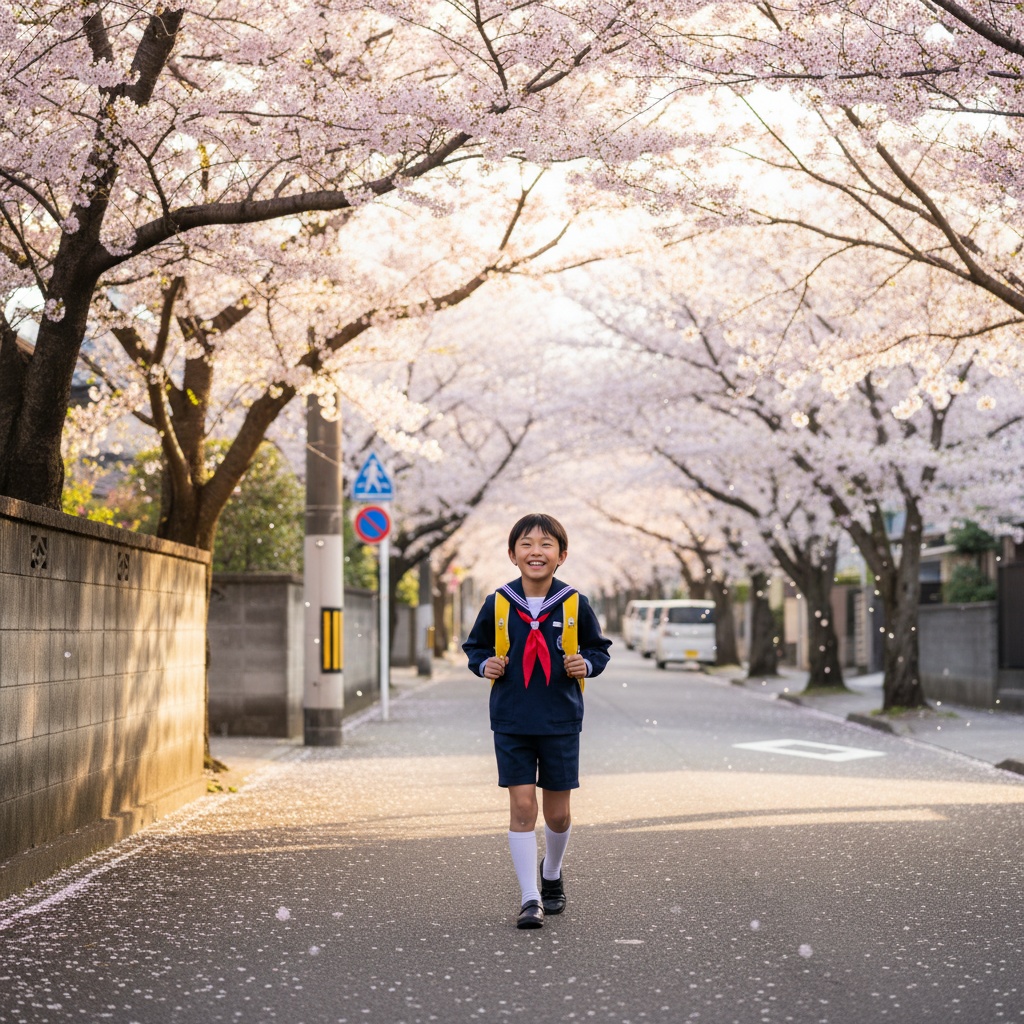 安全に通学する日本人の小学生