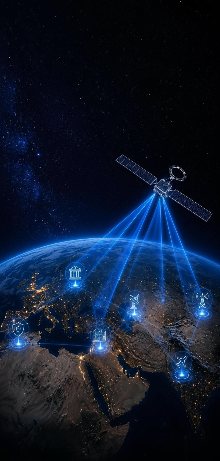 Satellite in orbit beaming blue connectivity beams down to Earth at night