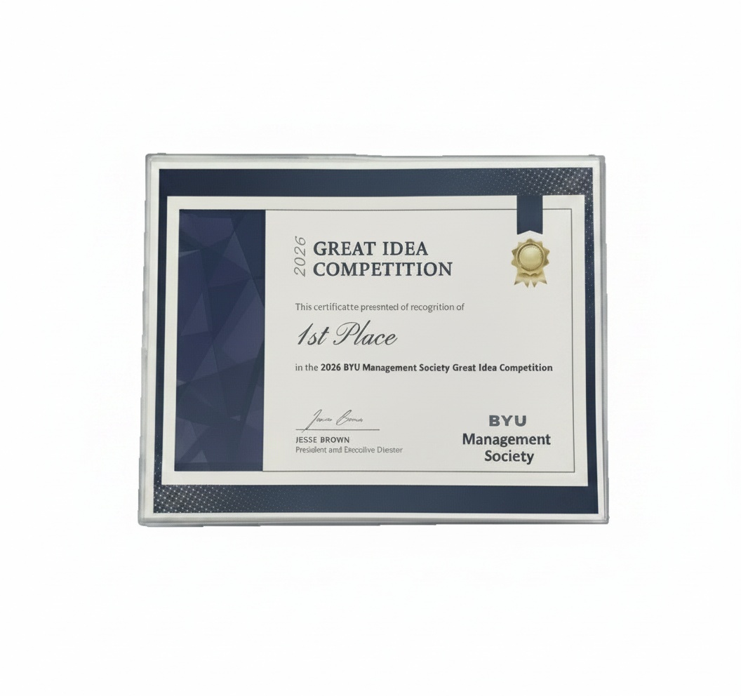 BYU Management Society Great Idea Competition 2026 - 1st Place Certificate