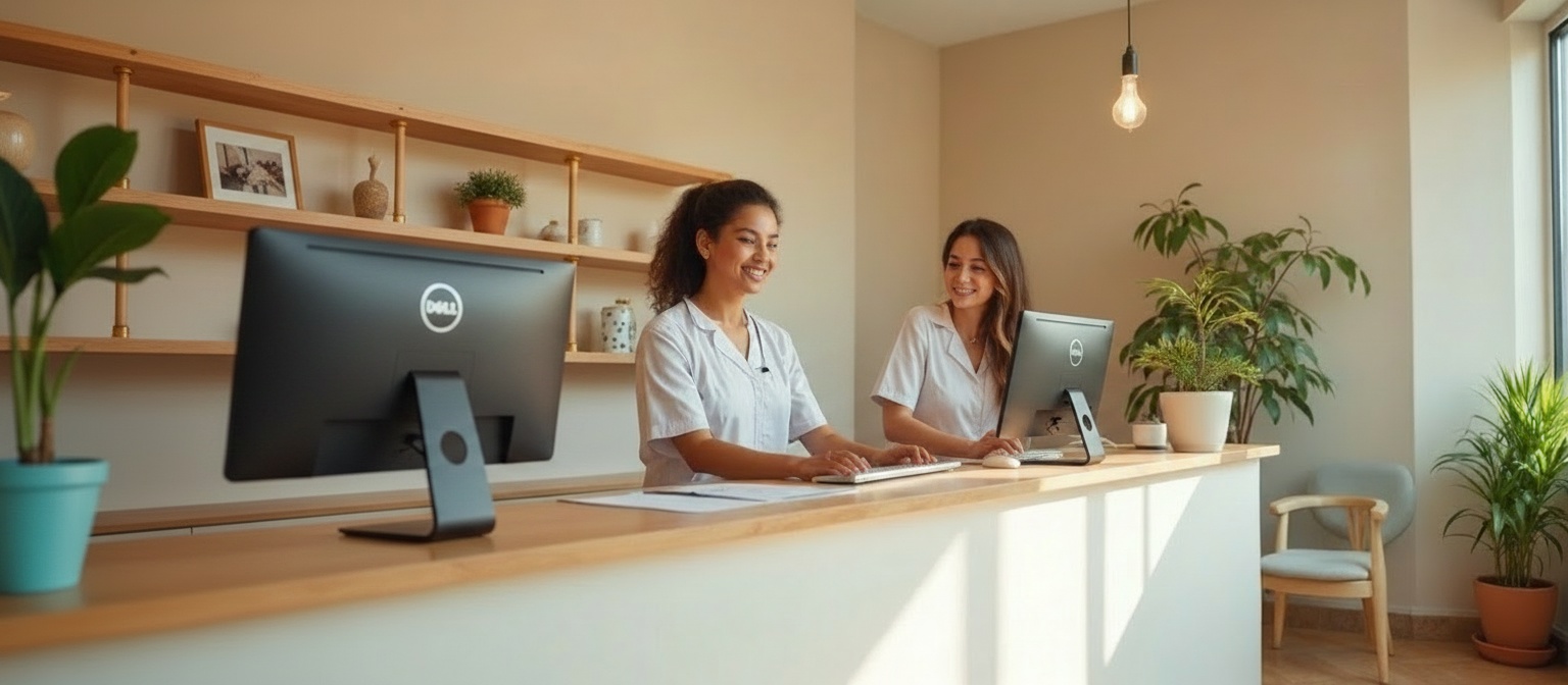 Veterinary team working with practice management software at a modern hospital front desk