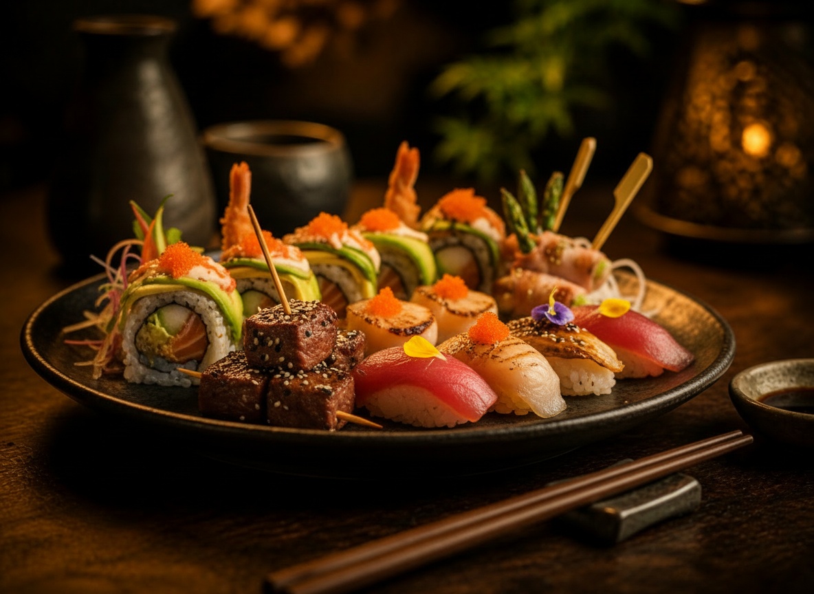 Assortiment de sushis et grillades pour sur place