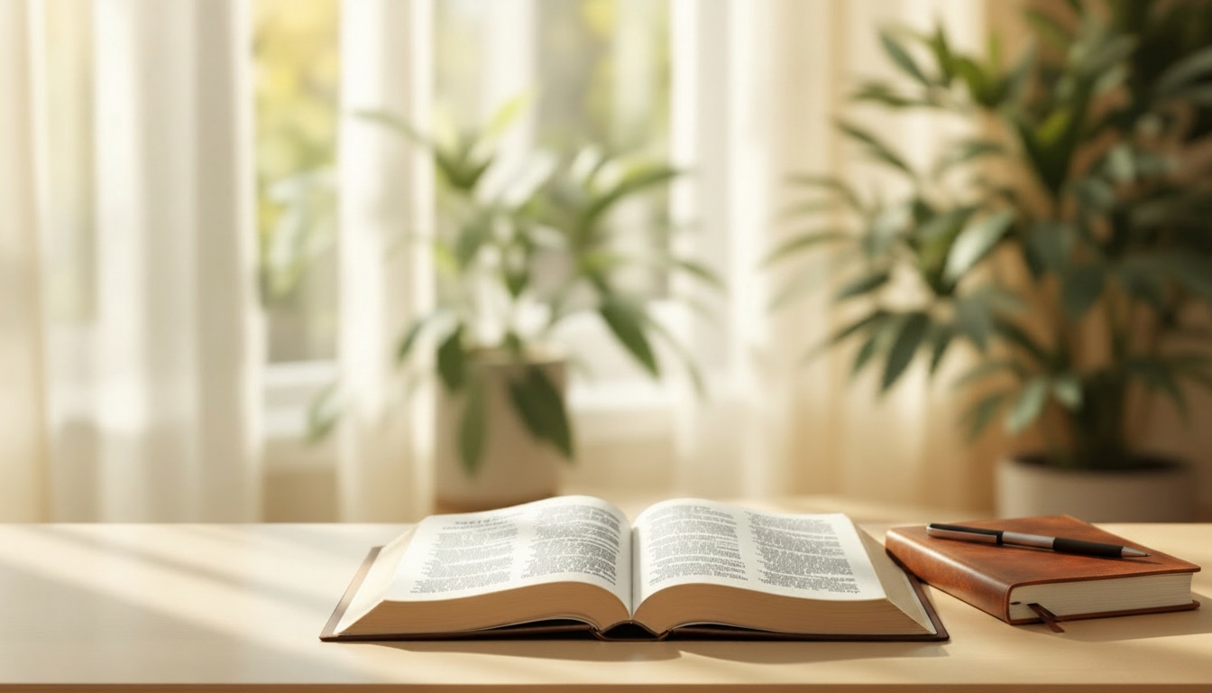 Warm and peaceful Christian counseling office with open Bible and natural light