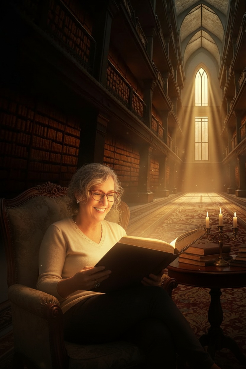 Biblioteca antiga com luz dourada