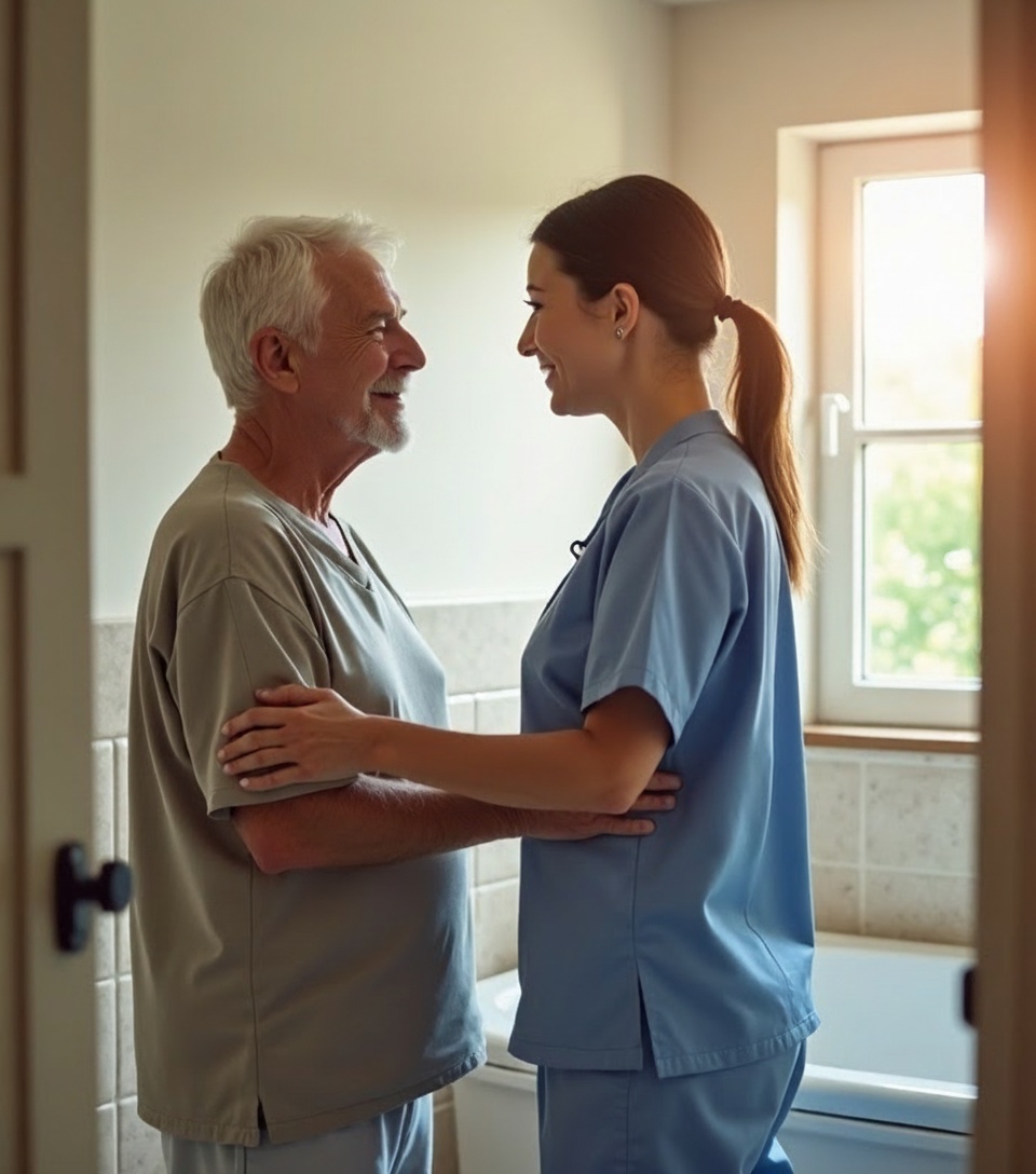 Personal care aide helping senior with daily routine