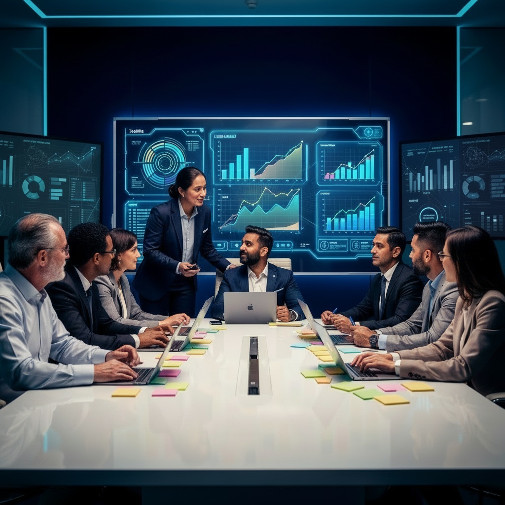 Strategic AI governance meeting at enterprise boardroom table