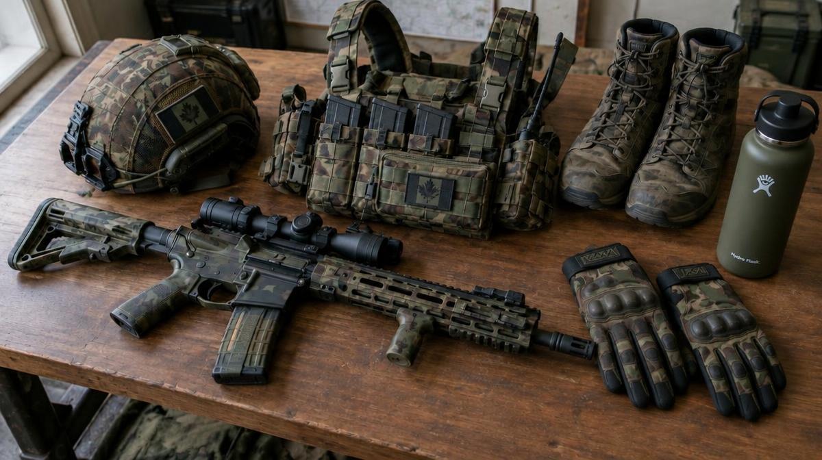 Complete airsoft skirmish loadout arranged on a table