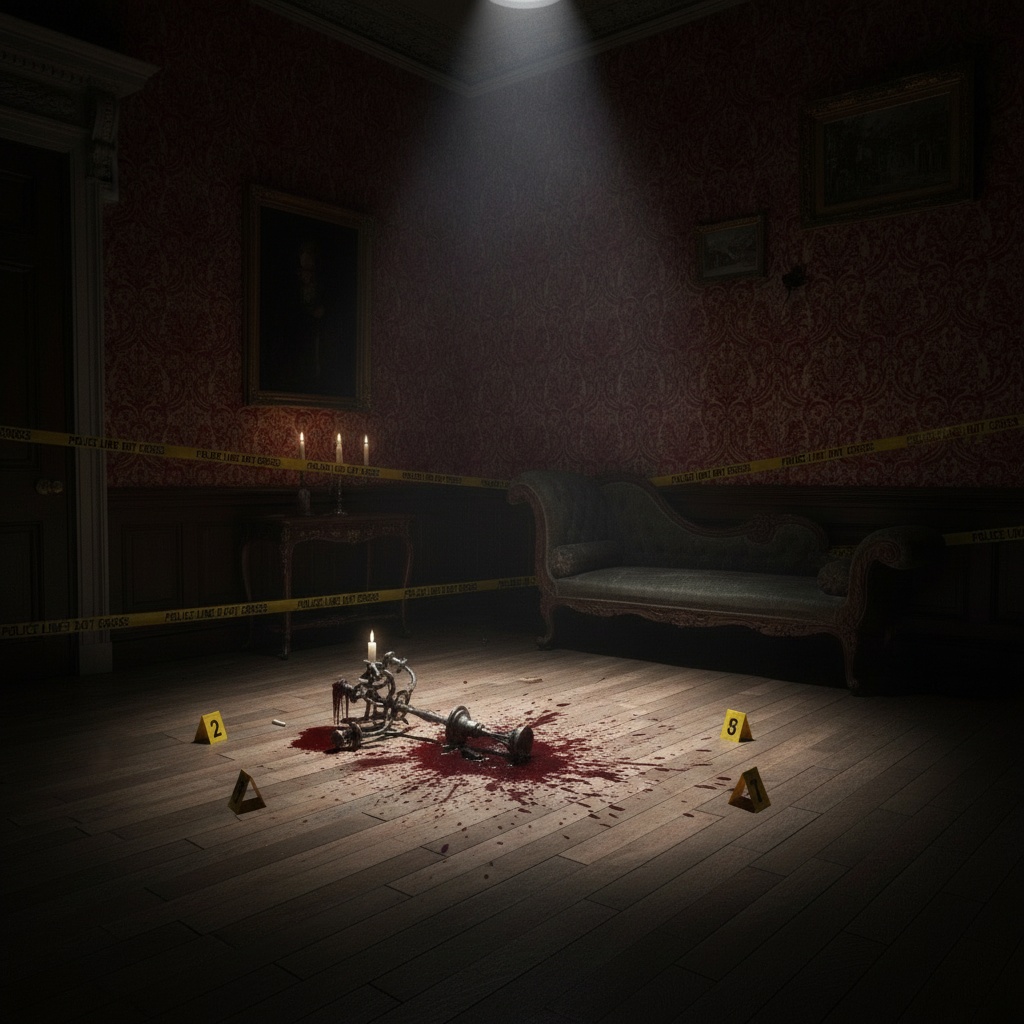 Virtual murder mystery crime scene in a country mansion