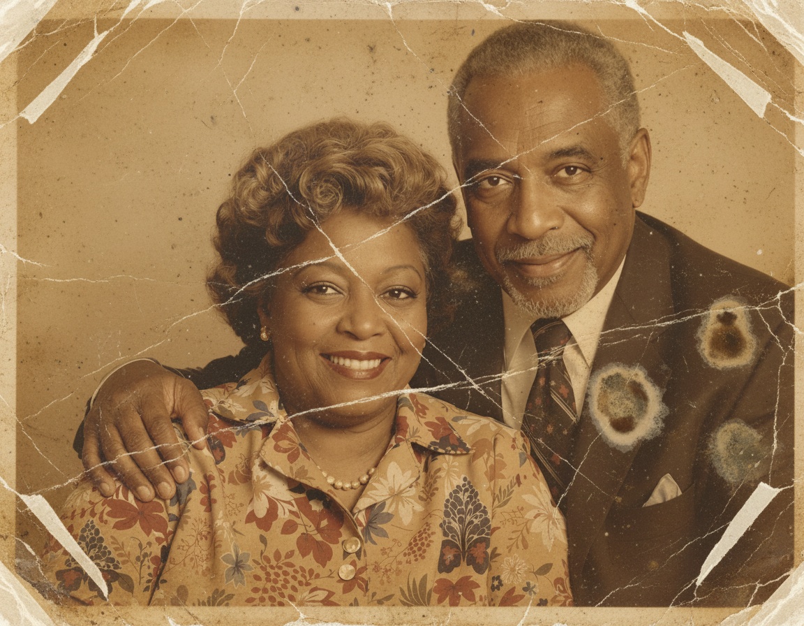 Scanned vintage black and white photo of an elderly man with natural aging scratches and creases before restoration