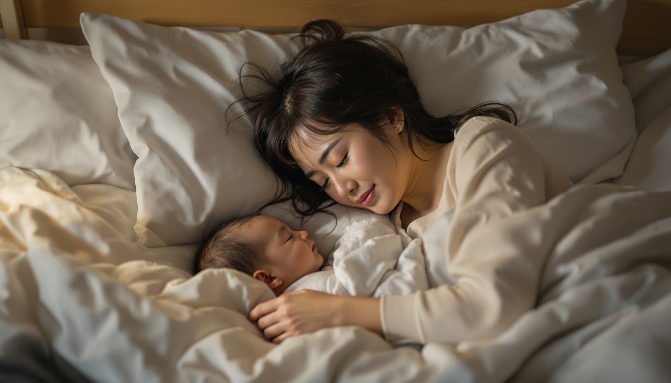 安心して眠る日本人ママと赤ちゃん