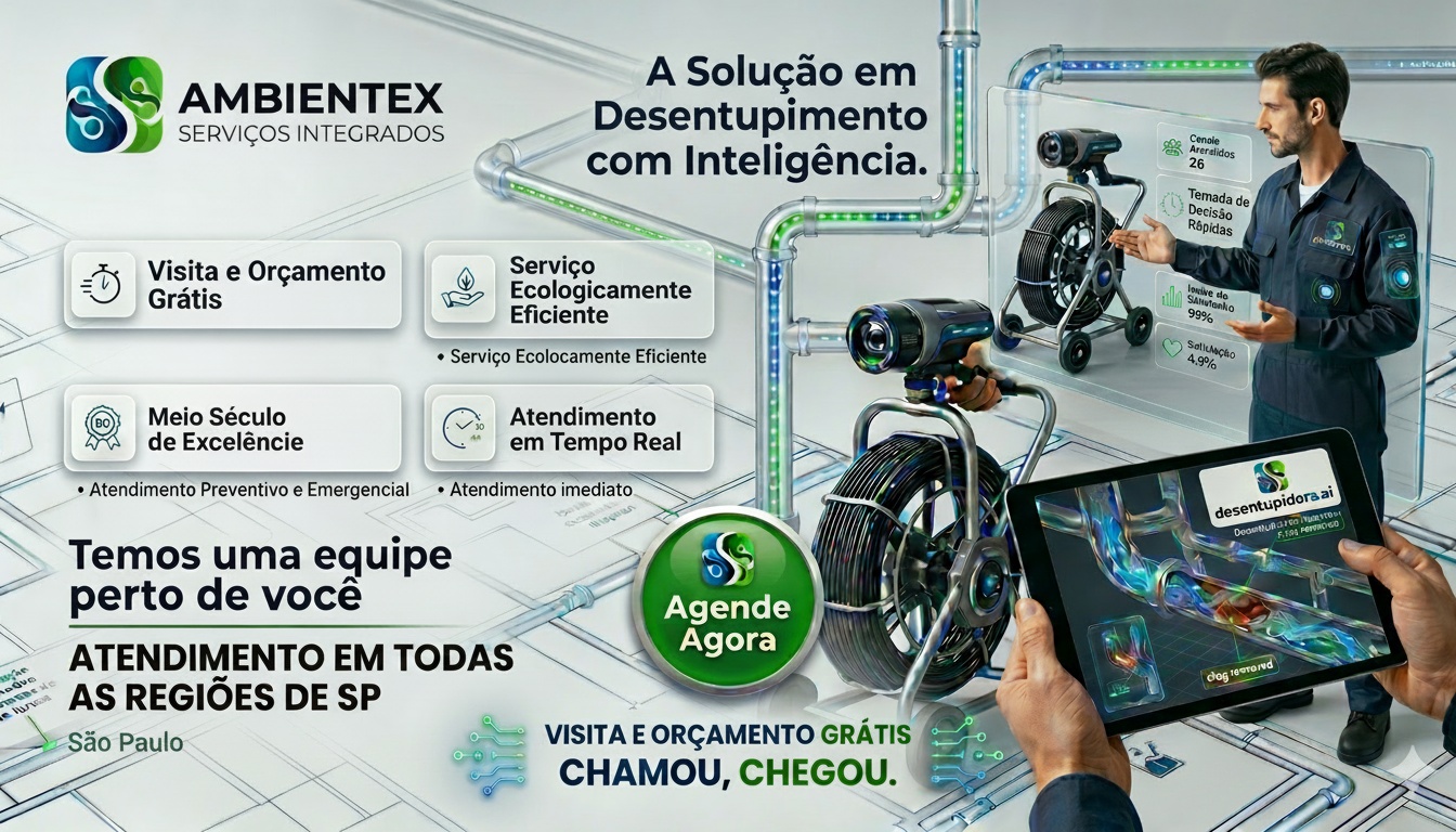 Banner profissional da AMBIENTEX DESENTUPIDORA mostrando logo, headline A Solução em Desentupimento com Inteligência, diferenciais, profissional com equipamentos, botão Agende Agora, certificação ambiental e redes sociais