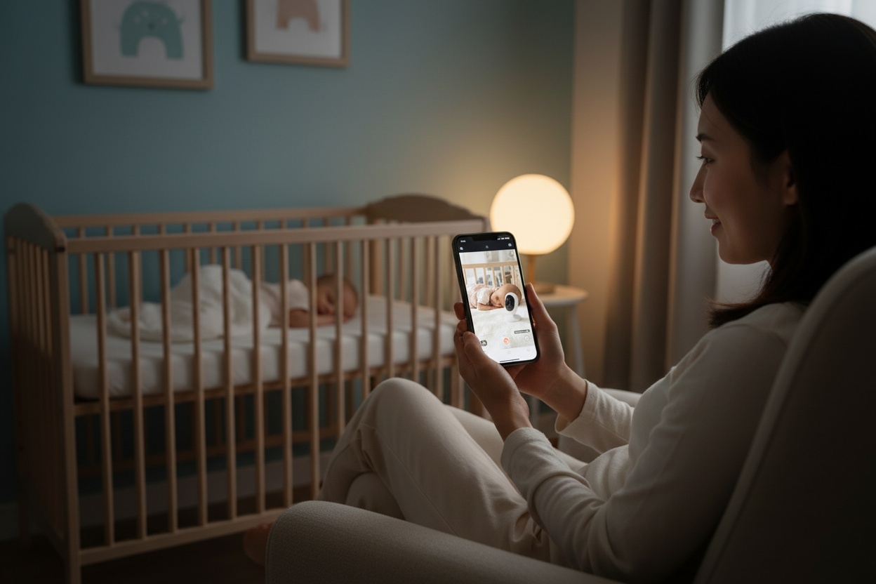 ベビーセンスジャパン 夜間に赤ちゃんの呼吸をスマホで確認するママ