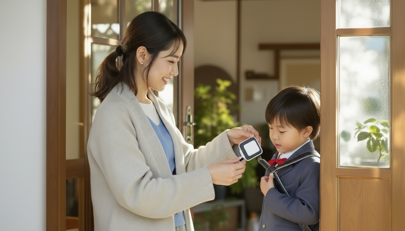 GPSアプリで位置確認する母親