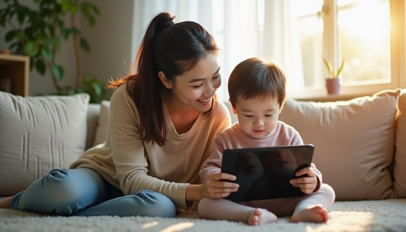 ミライコイングリッシュ英語DVD教材で学習する日本人ママと幼児