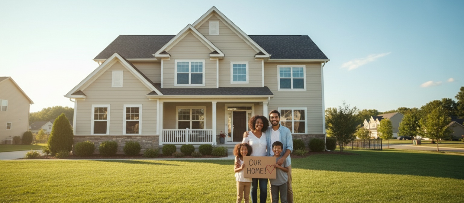 Happy ethnic family in front of their new home