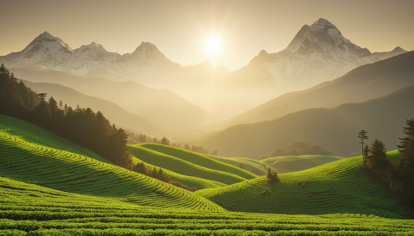 Lush Himalayan tea garden with rolling green hills