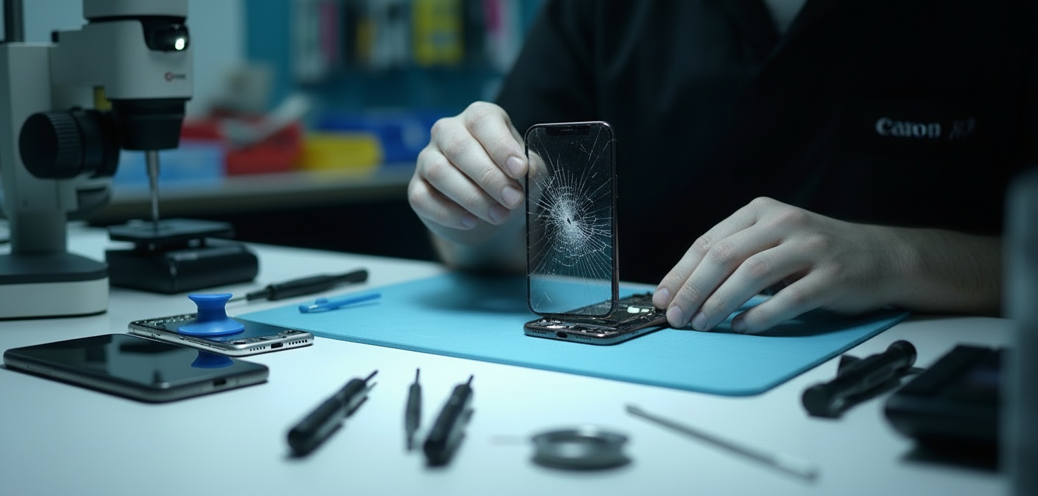 Técnico cambiando pantalla de iPhone 16 Pro