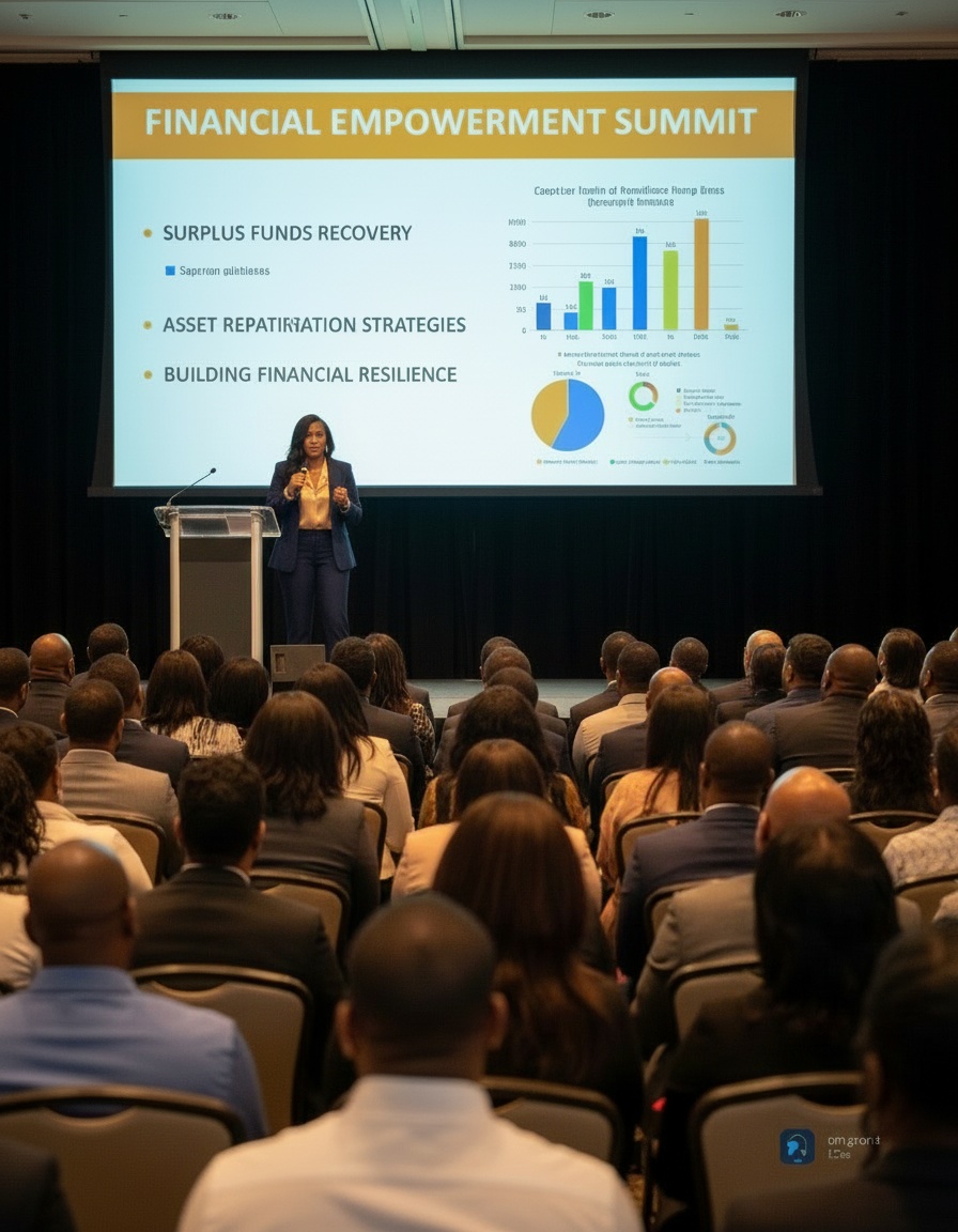 Tanya presenting at a surplus funds recovery conference to an engaged audience