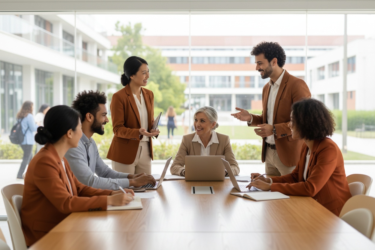 Equipe acadêmica reunida em ambiente profissional