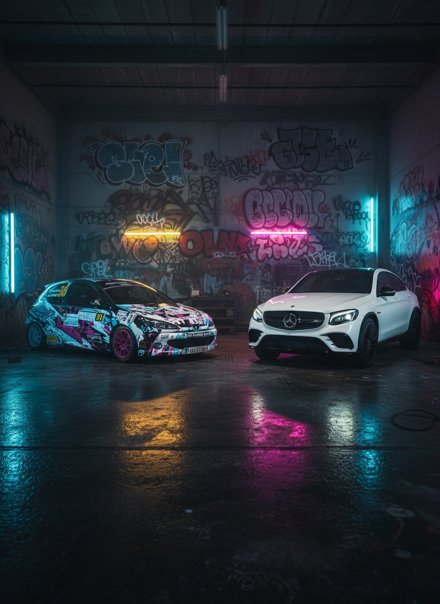 Xinga Design — dos coches en taller con grafitis y neones