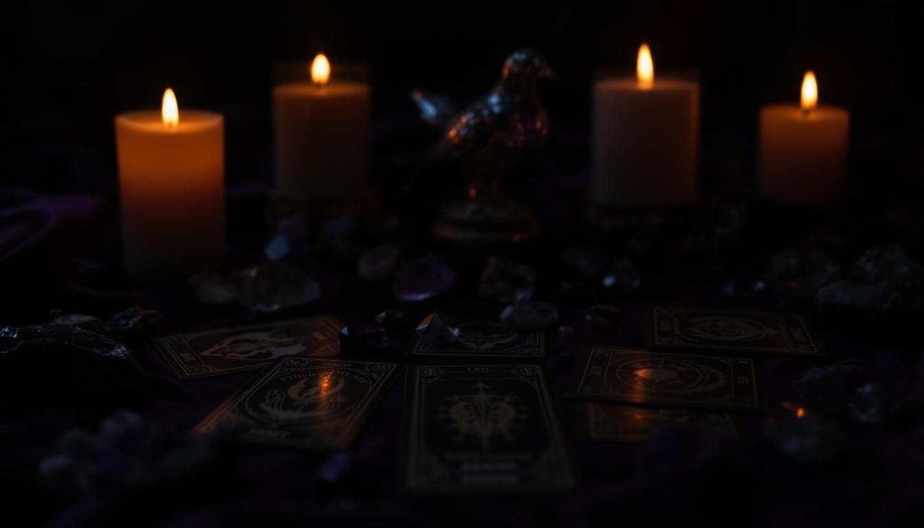 Mesa de tarot mística com cartas, cristais e velas