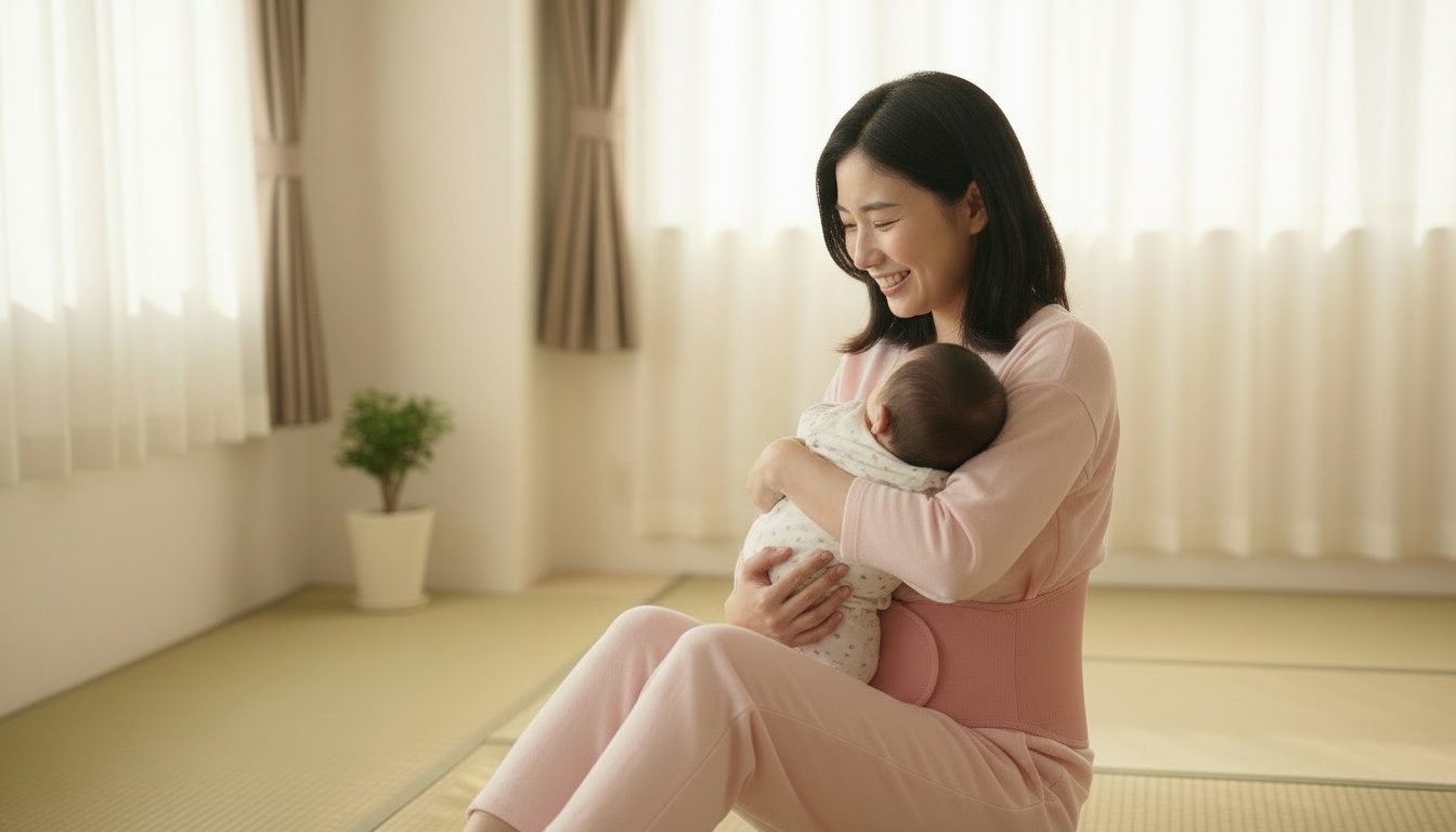 骨盤ガードルを着けて赤ちゃんを抱っこする産後ママ