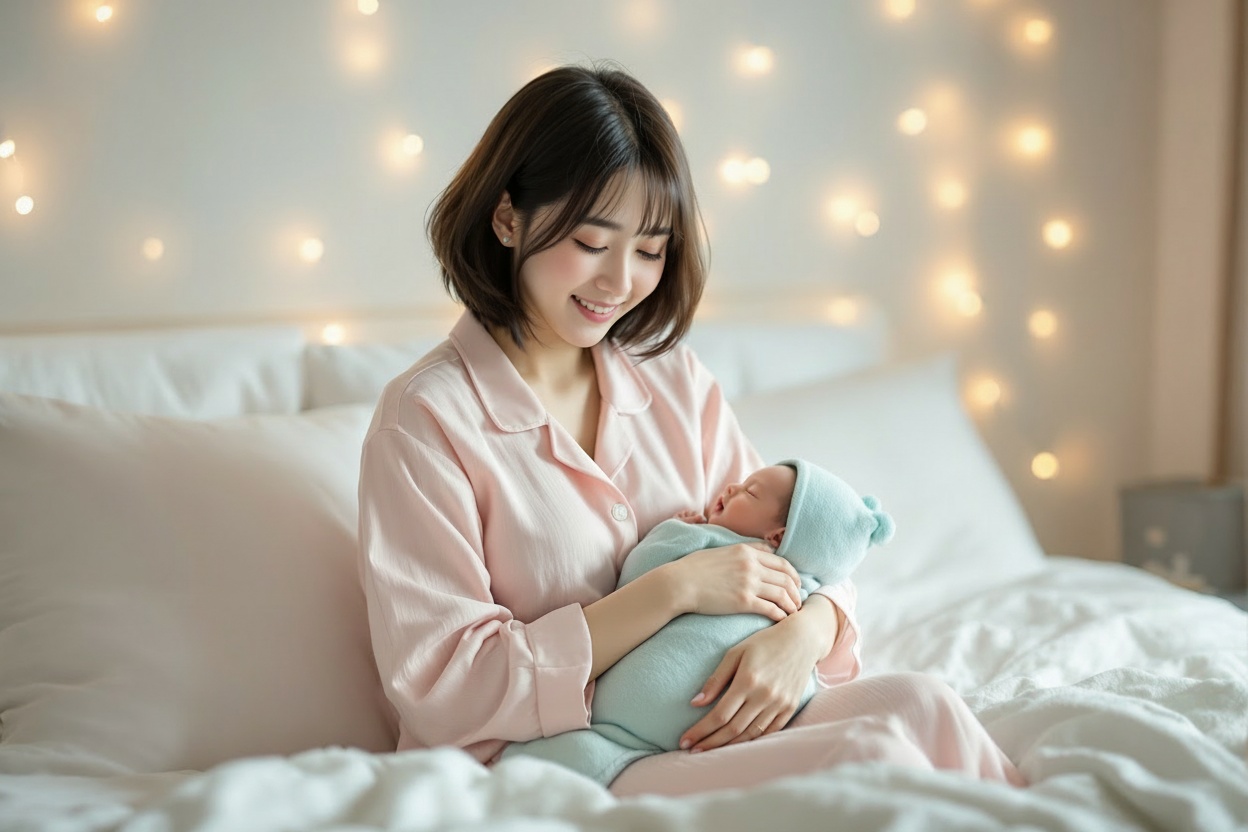 Pearlsのおしゃれな授乳服で授乳するカジュアルなママ