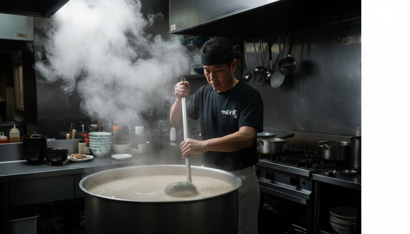 秘伝のとんこつ、鶏ガラスープ