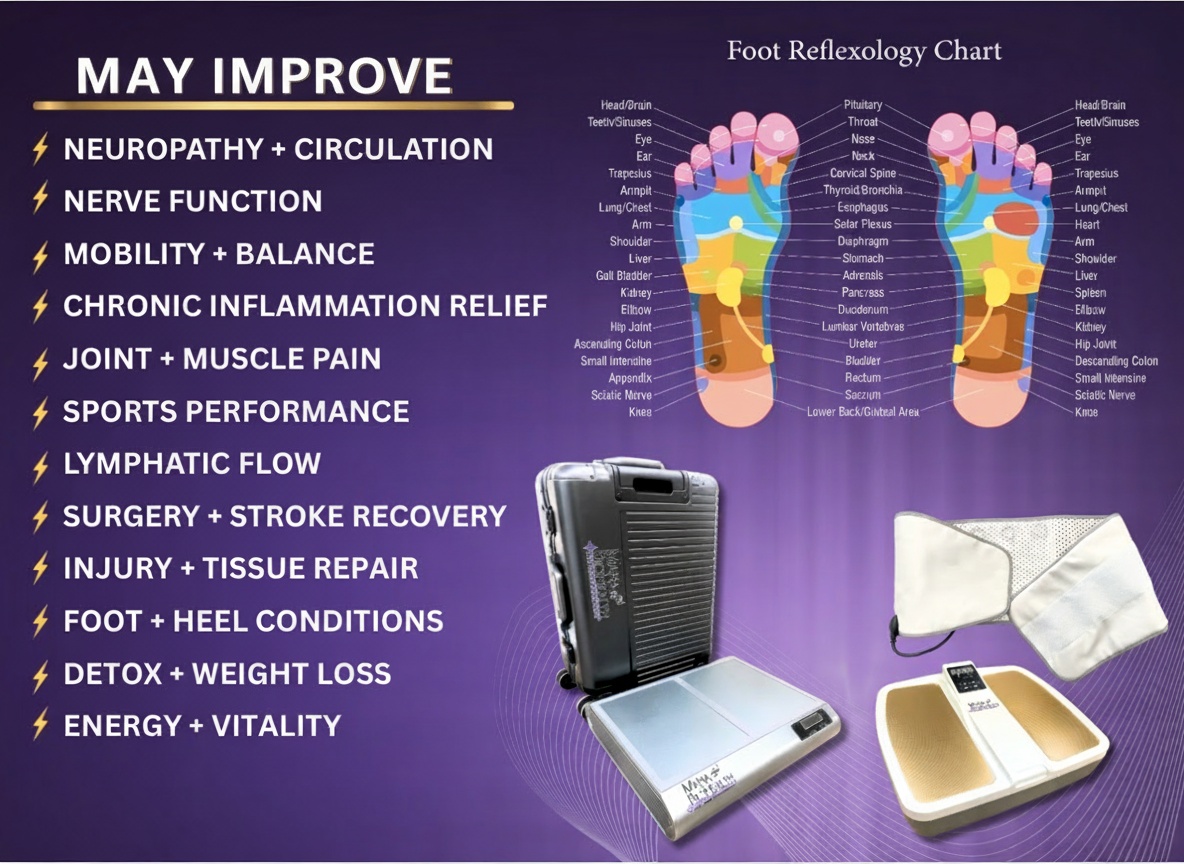 Foot reflexology map showing organ connection points used by the Life Force Platform