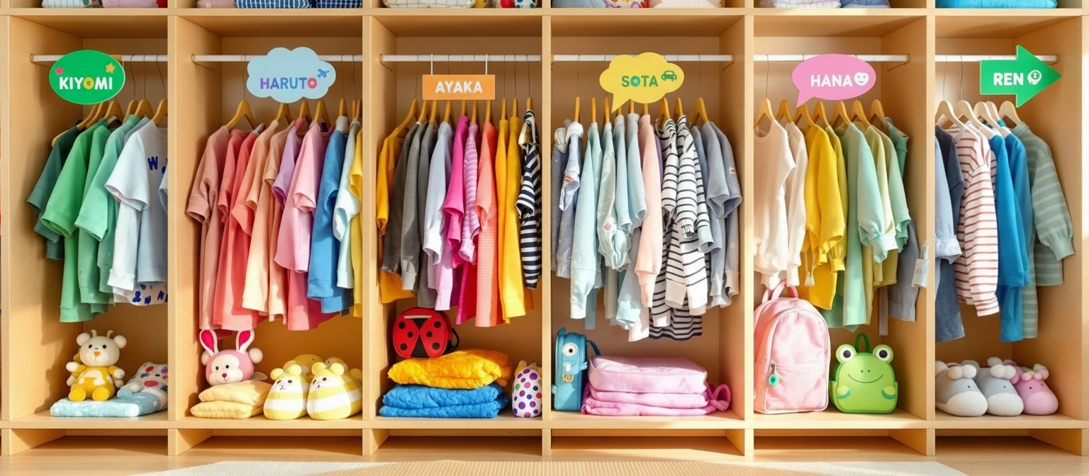 保育園の着替えロッカーに並ぶ子供服