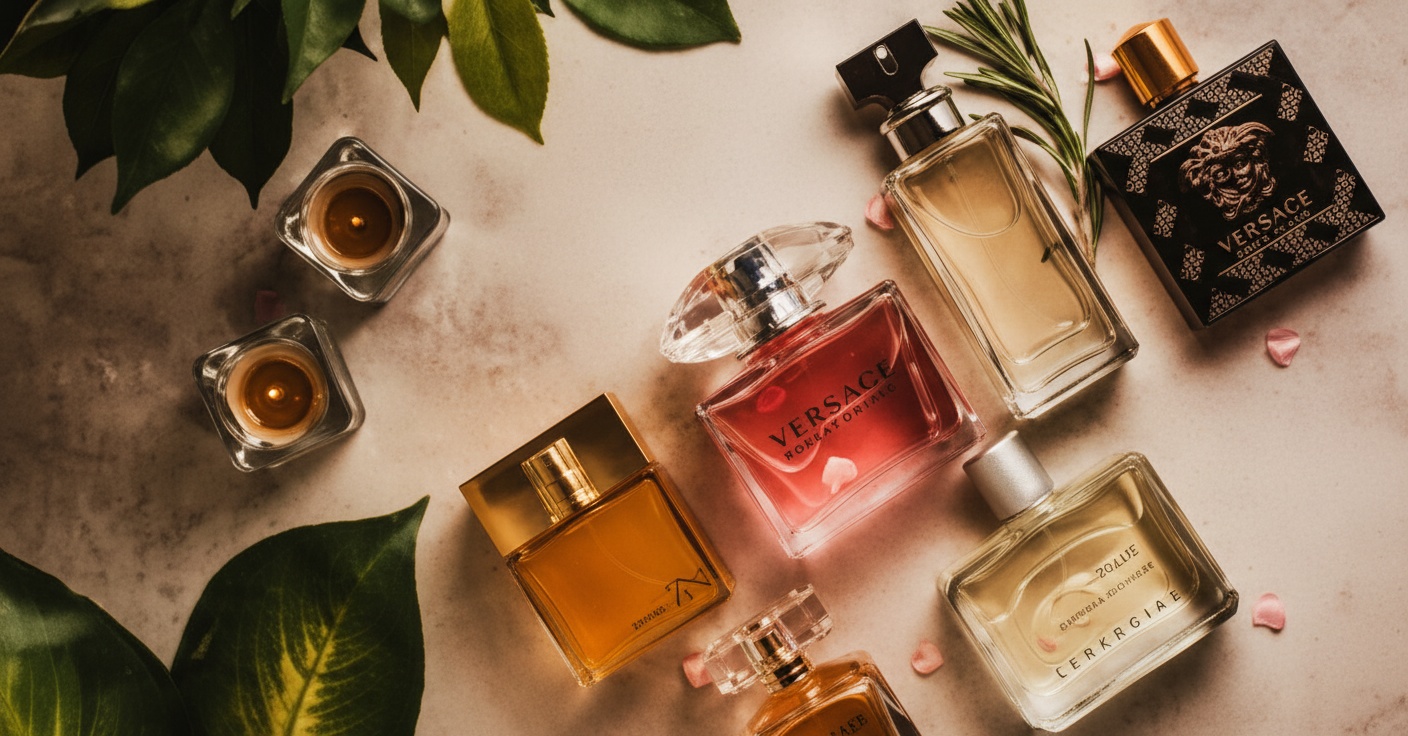 Colección de perfumes de lujo sobre mármol