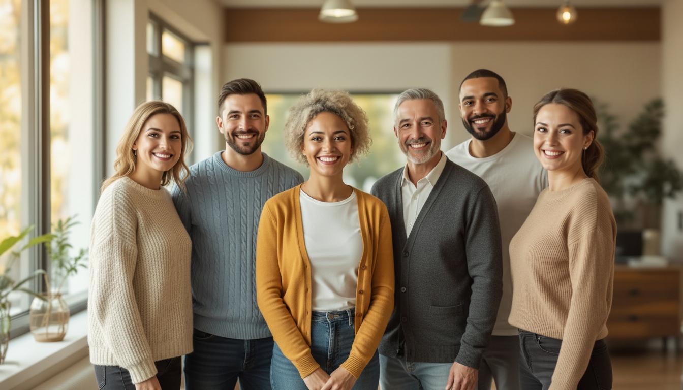 A diverse, warm group of caregivers in casual everyday clothing sitting together in a cozy home-like setting