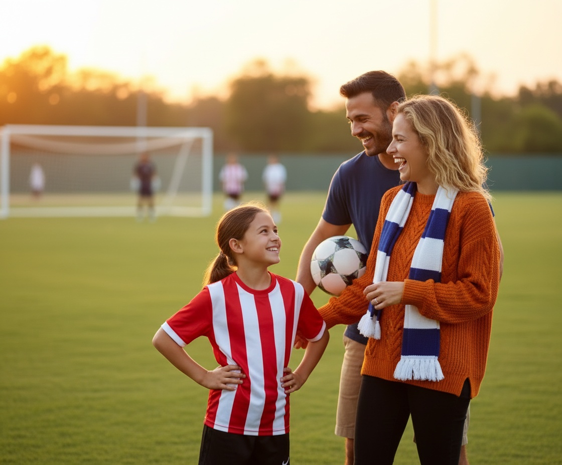 A joyful family on a soccer field at golden hour