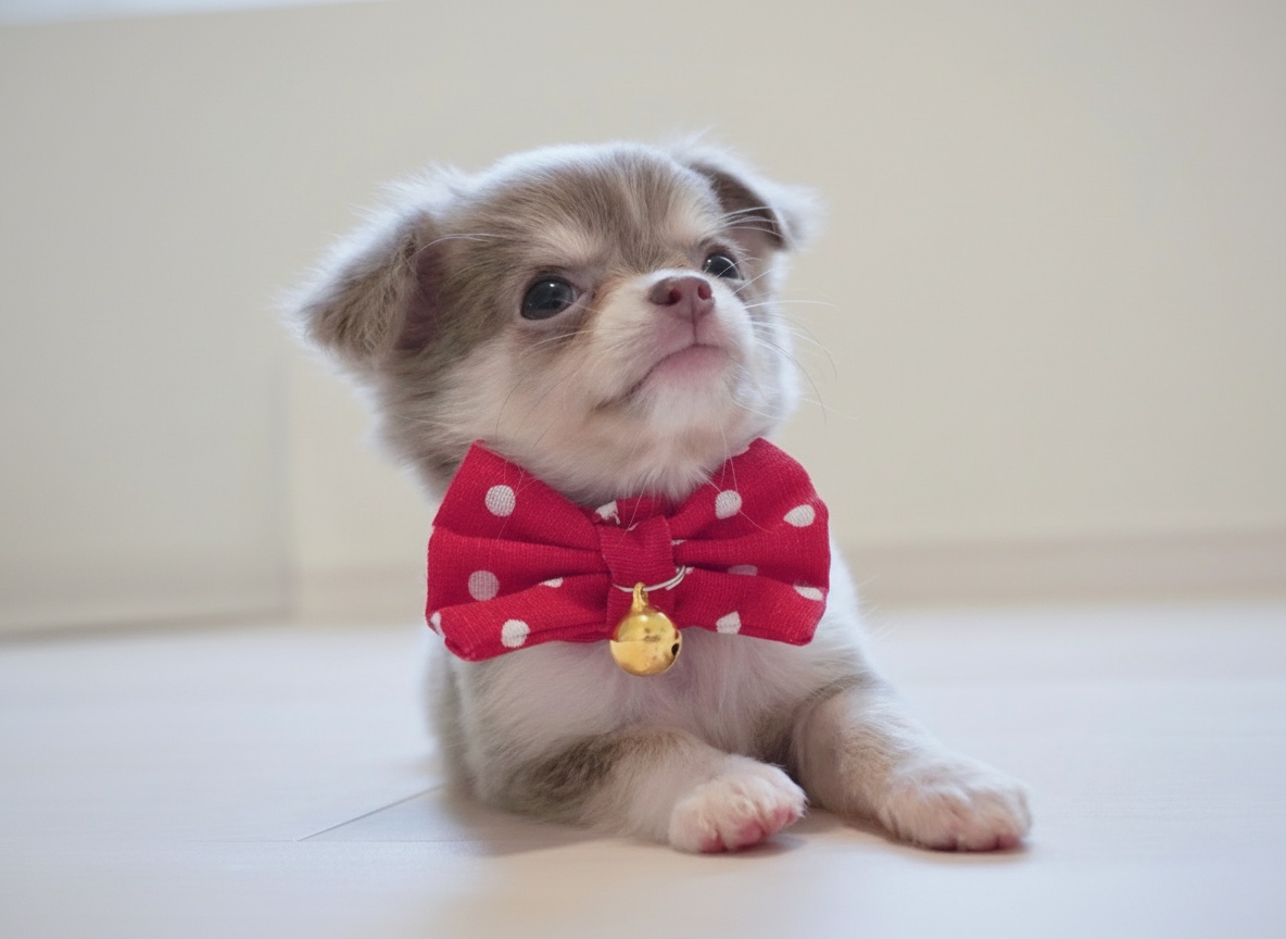 赤いリボンをした仔犬