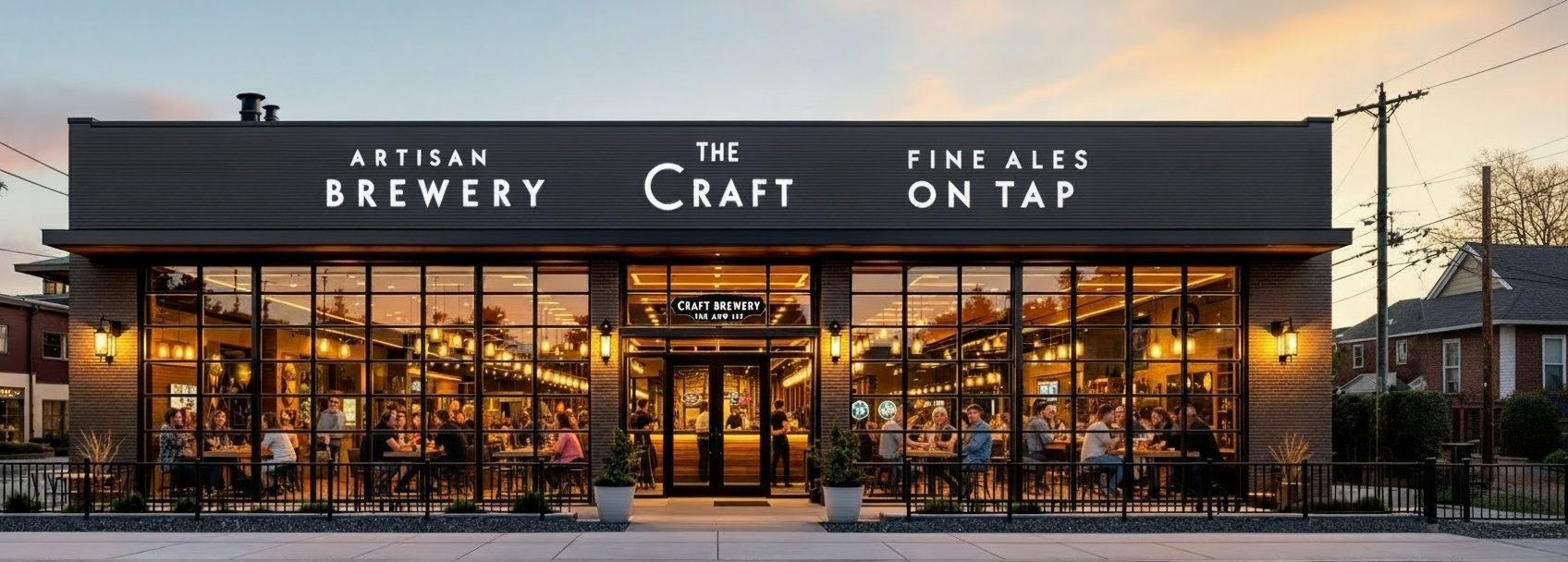 Sample brewery exterior with patrons inside