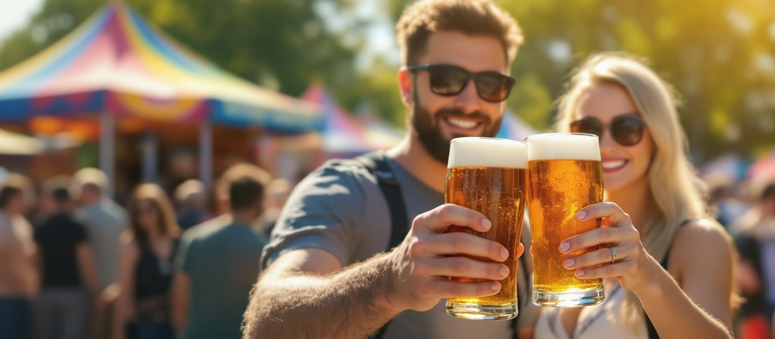 Beer festival couple holding beers