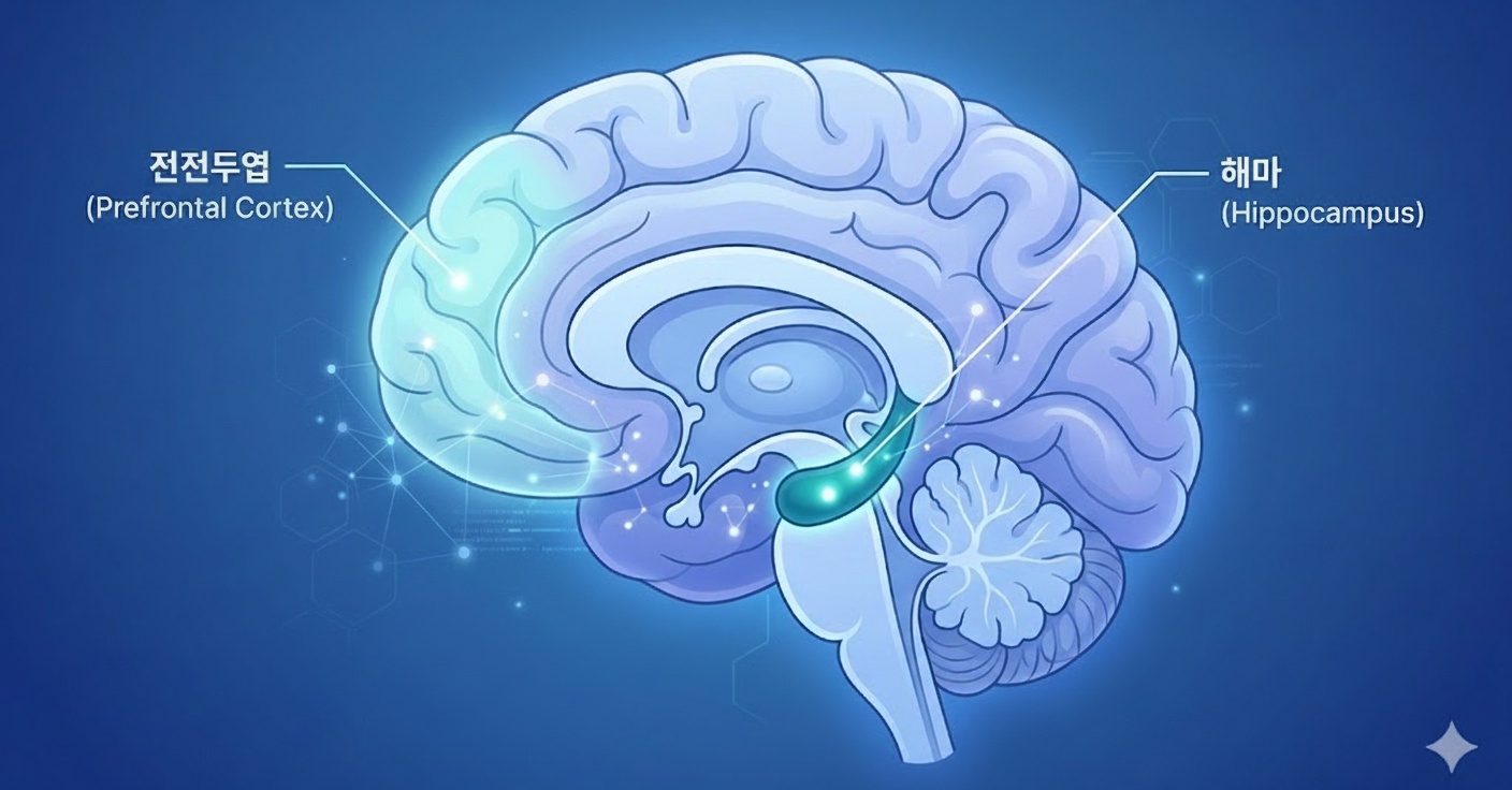 뇌 측면 단면도 - 전전두엽과 해마 강조