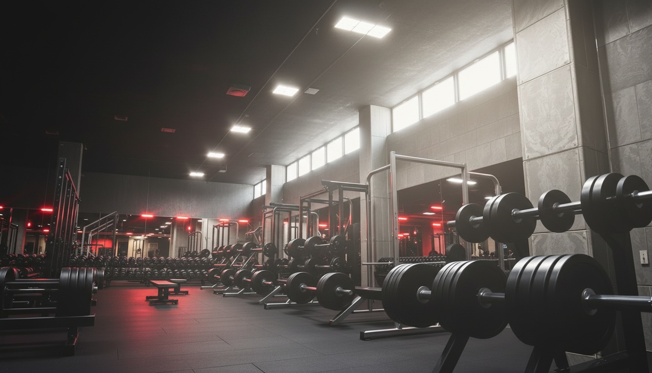 Premium gym interior with professional equipment and moody lighting
