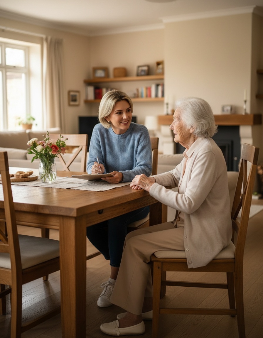 Care manager meeting with elderly patient at home