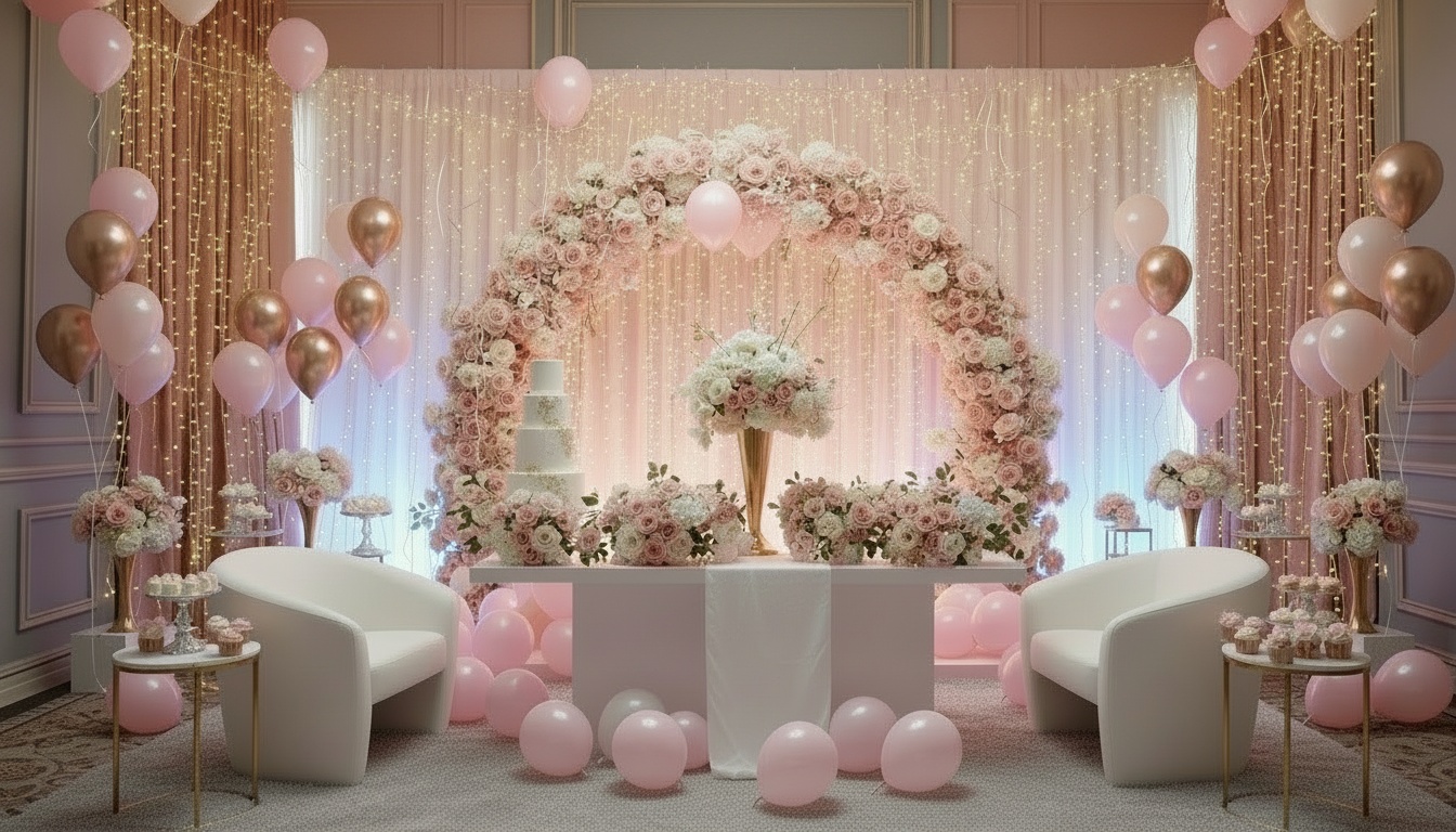 Decoração elegante de festa de 15 anos com rosa e dourado