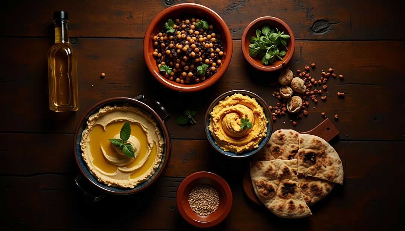 Pastas mediterrâneas — homus, babaganoush, tahine, azeite e pão sírio