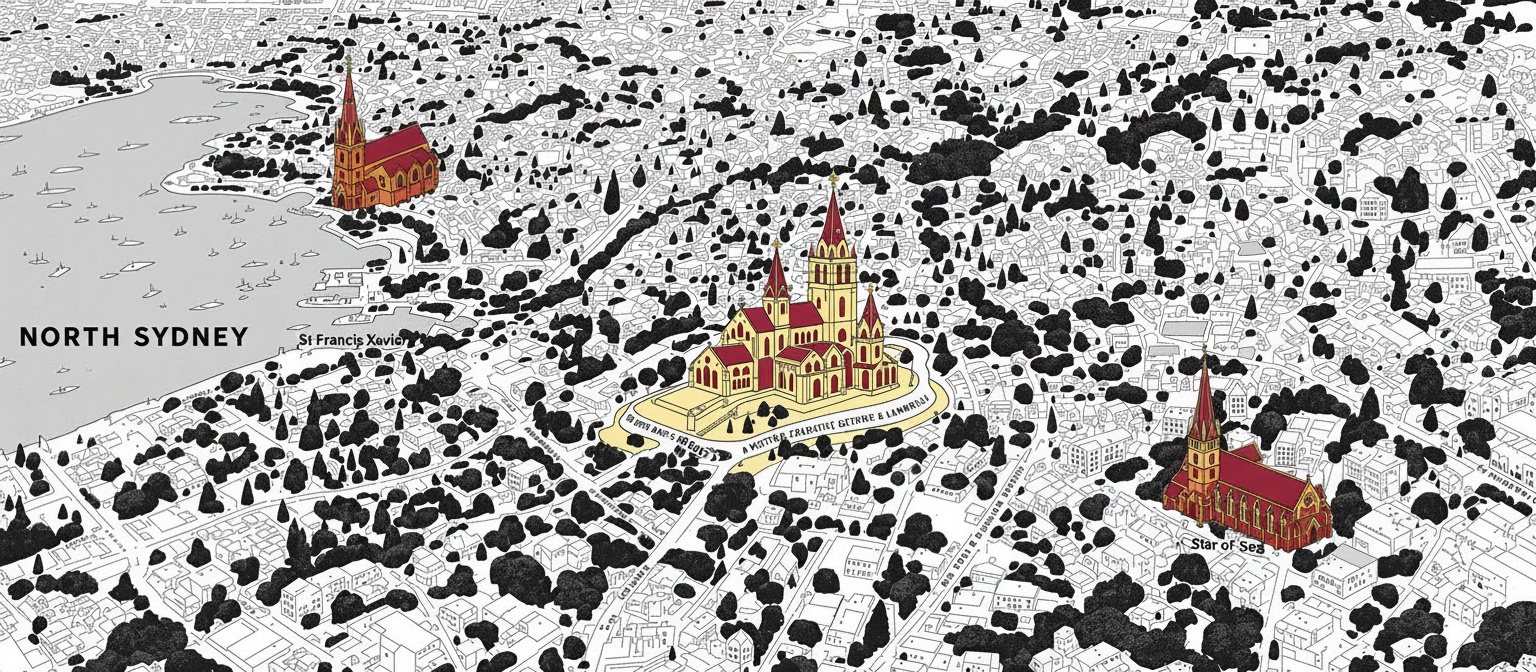 Illustrated map of North Sydney showing the three parish churches highlighted in colour