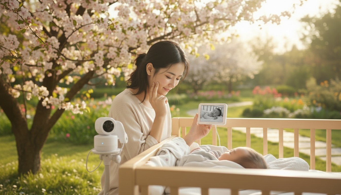 赤ちゃんを見守る安心した日本人ママ