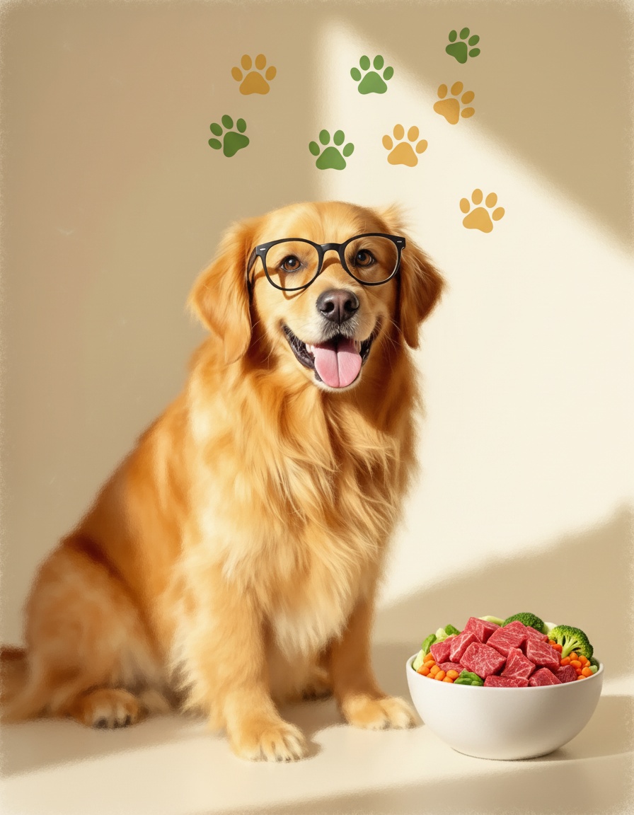 Dog with glasses next to Canino raw dog food