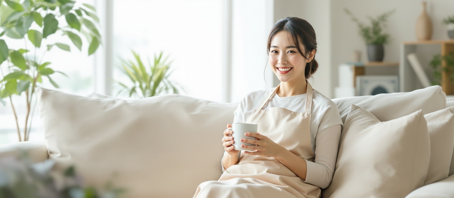 家事代行サービスで家がきれいになり笑顔の日本人ママ