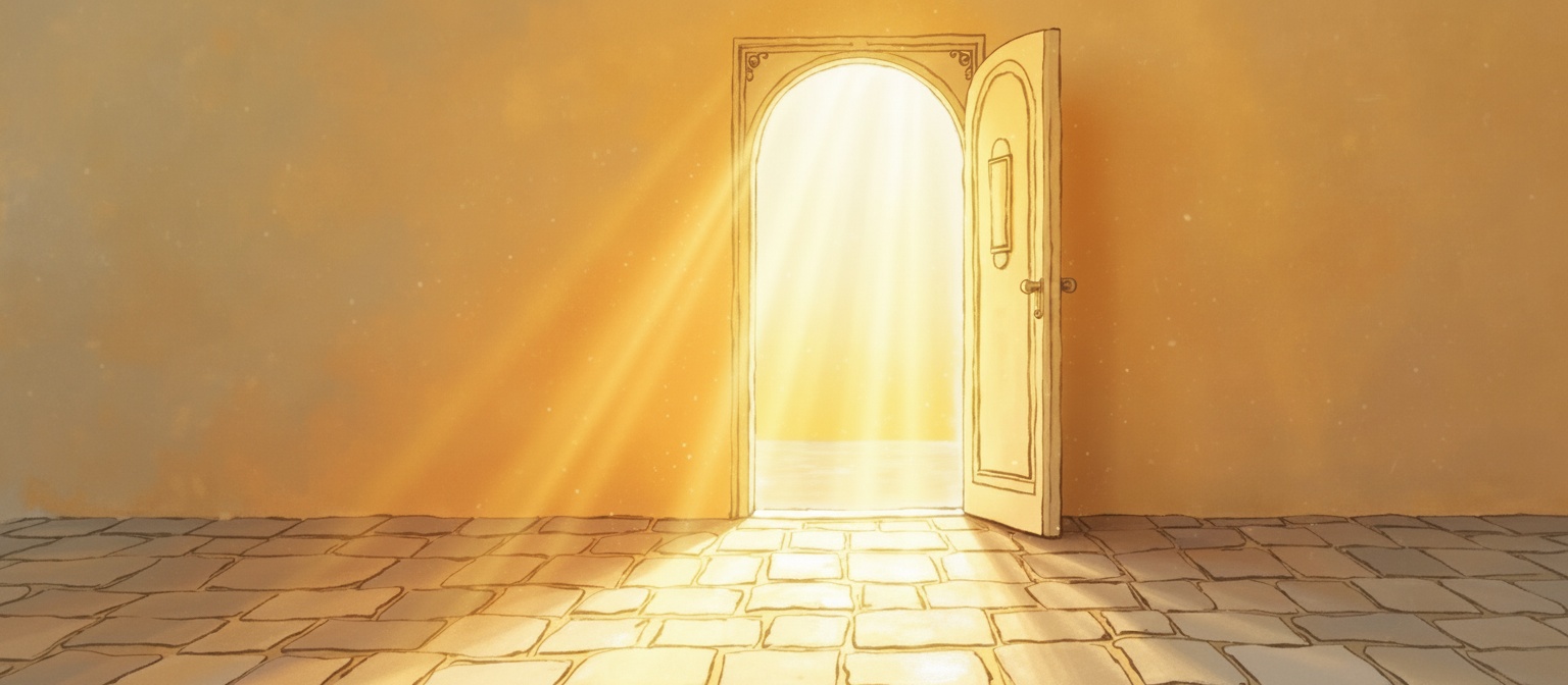 Open church doors with welcoming golden light