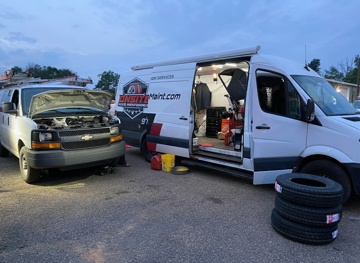 Professional mobile mechanic performing comprehensive preventative maintenance inspection on commercial fleet vehicle with diagnostic tablet and tools in Dallas-Fort Worth