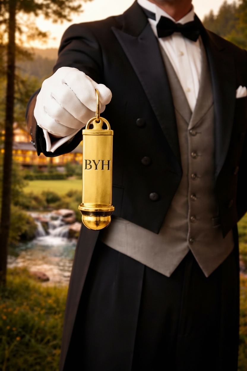 Mordomo BYH segurando chaveiro com iniciais BYH