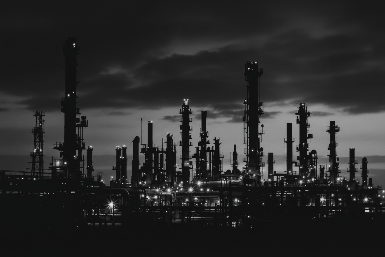 Industrial oil and gas facility at twilight representing HSE workplace environment