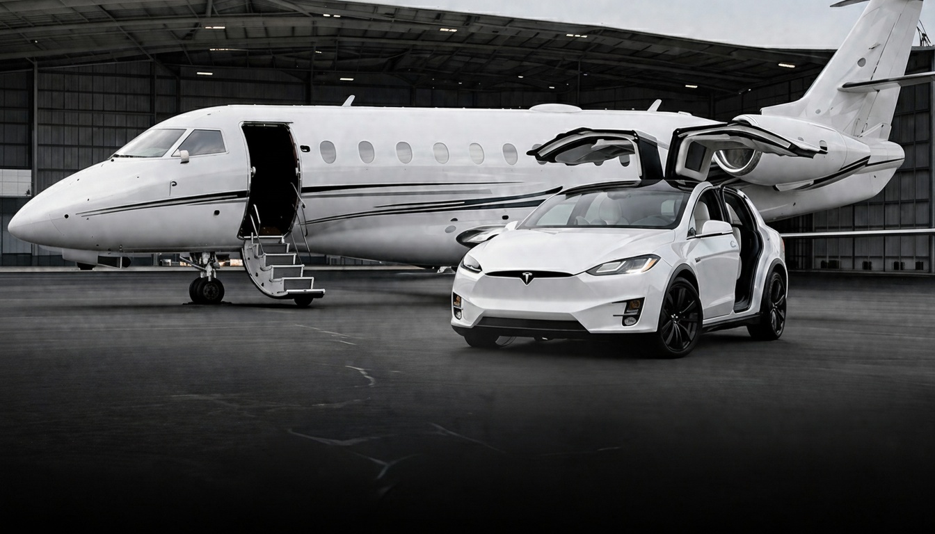 Jet Set EV FBO Service — Luxury jet and Tesla