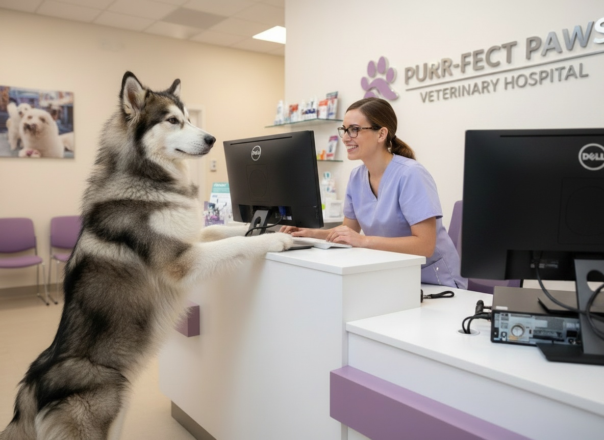 Alaskan Malamute being checked in at veterinary clinic front desk